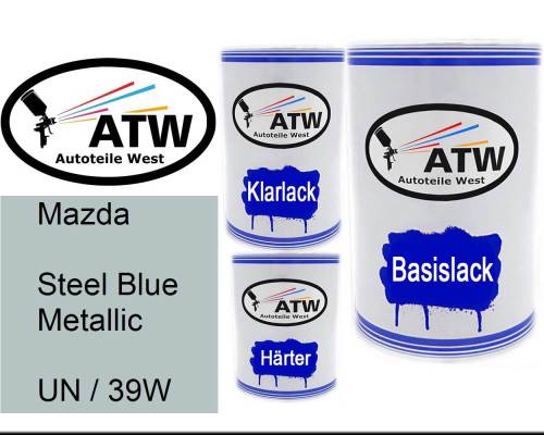 Mazda, Steel Blue Metallic, UN / 39W: 500ml Lackdose + 500ml Klarlack + 250ml Härter - Set, von ATW Autoteile West.